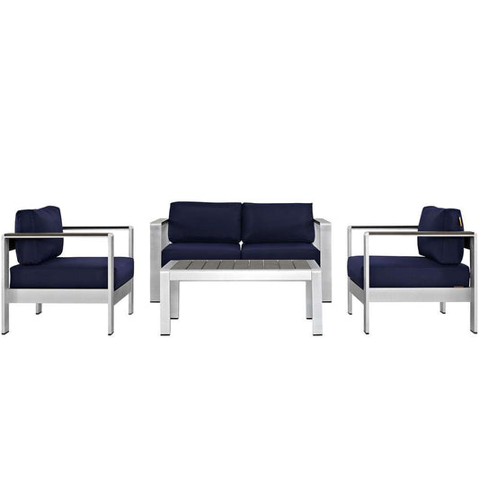 Modway - Shore 4 Piece Outdoor Patio Aluminum Sectional Sofa Set - EEI-2567-SLV-NAV veiw 1
