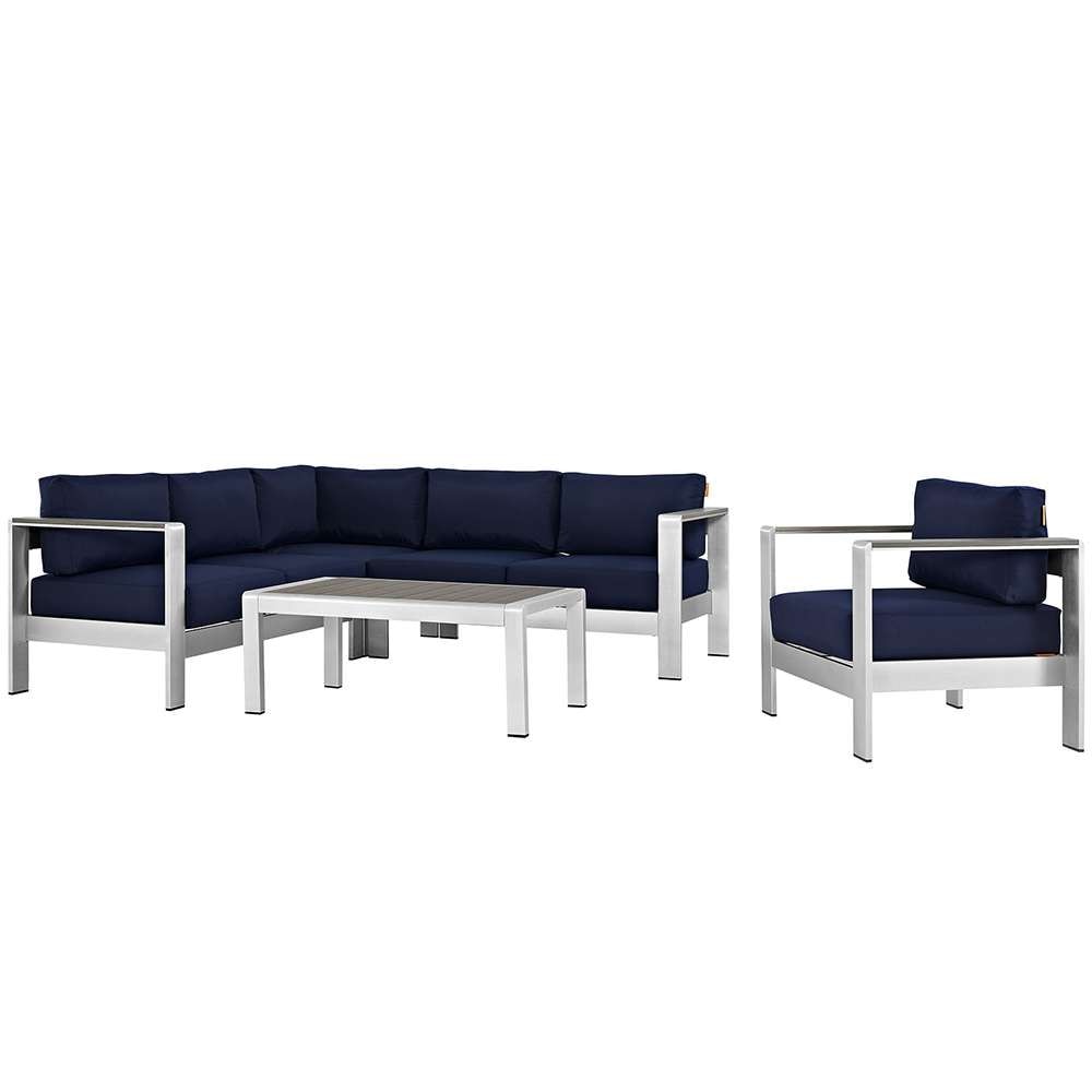 Modway - Shore 5 Piece Outdoor Patio Aluminum Sectional Sofa Set - EEI-2560-SLV-NAV veiw 1