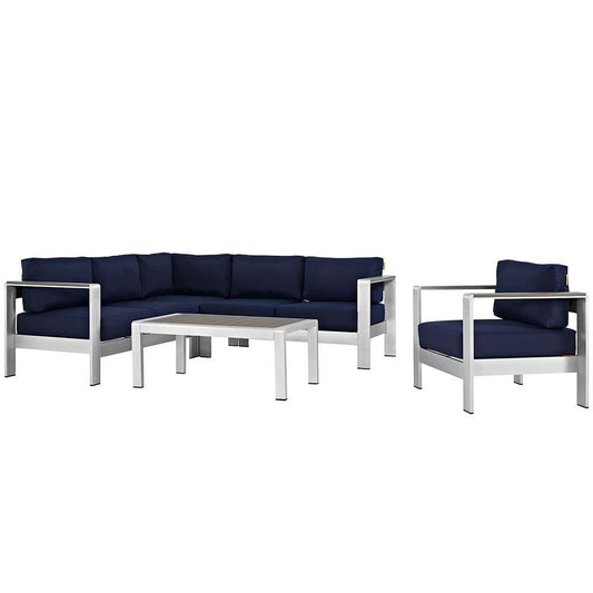 Modway - Shore 5 Piece Outdoor Patio Aluminum Sectional Sofa Set - EEI-2560-SLV-NAV veiw 1