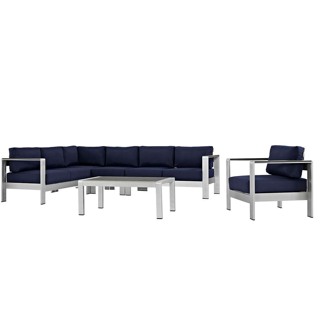 Modway - Shore 6 Piece Outdoor Patio Aluminum Sectional Sofa Set - EEI-2558-SLV-NAV veiw 1