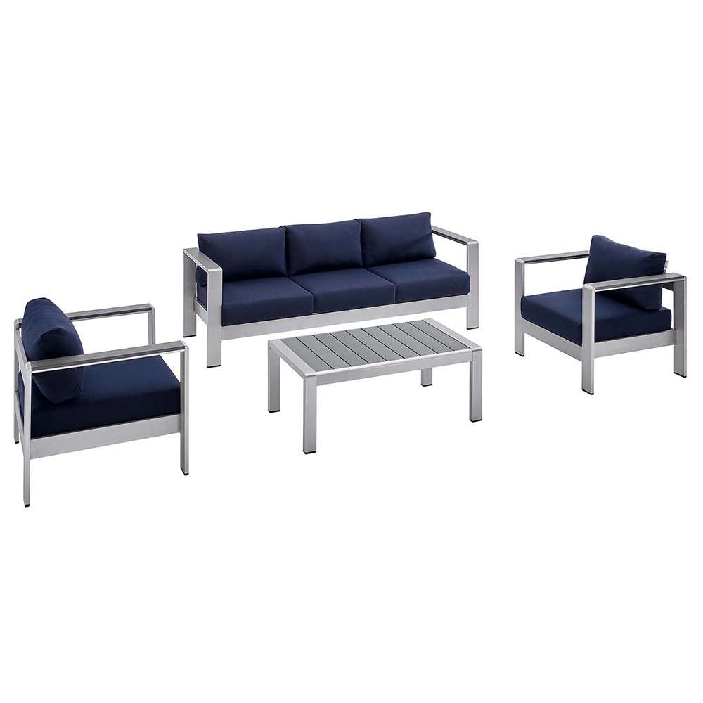 Modway - Shore Sunbrella Fabric Outdoor Patio Aluminum 4 Piece Set - EEI-4316-SLV-NAV-SET veiw 1