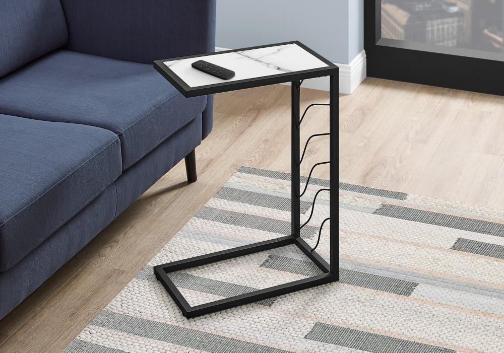 Monarch Specialties - Accent Table, C-Shaped, End, Side, Snack, Living Room, Bedroom, Metal, Laminate, White Marble Look, Black, Contemporary, Modern - I-3300 veiw 2