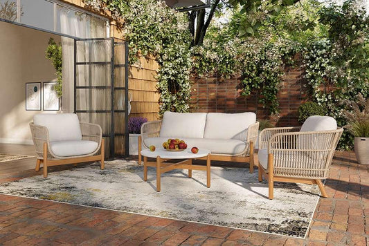 New Classic Furniture - Solstice 4 Piece Outdoor Rope & Solid Wood Conversation Set-Patio Loveseat,  2 Patio Club Chairs & Terazzo Top Coffee Table-Linen Beige - 60-823-5P veiw 1