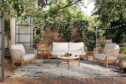 New Classic Furniture - Solstice 5 Piece Outdoor Rope & Solid Wood Conversation Set-Patio Loveseat,  2 Patio Club Chairs, Terazzo Top Coffee Table & End Table-Linen Beige - 60-823-4P veiw 1