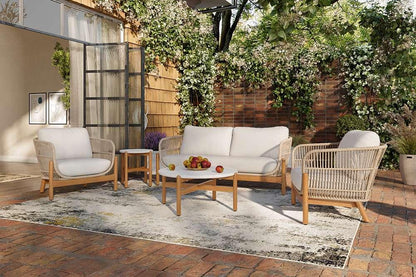 New Classic Furniture - Solstice 5 Piece Outdoor Rope & Solid Wood Conversation Set-Patio Loveseat,  2 Patio Club Chairs, Terazzo Top Coffee Table & End Table-Linen Beige - 60-823-4P veiw 5