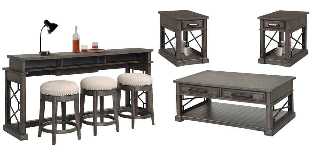 Parker House - Sundance - Smokey Grey Cocktail Table with 2 Chairside Tables and Console Table with 3 Stools - SUN-7PC-01-06-09-4-SGR veiw 1