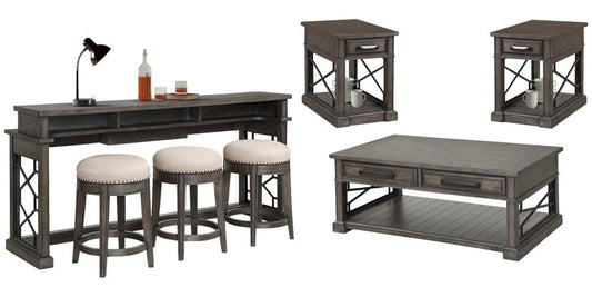 Parker House - Sundance - Smokey Grey Cocktail Table with 2 Chairside Tables and Console Table with 3 Stools - SUN-7PC-01-06-09-4-SGR veiw 1