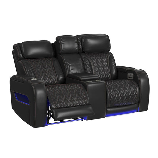 Picket House Furnishings -  Ascend P3 Loveseat with LED, wireless charger pocket and Console in Jett Black with Red Stitching - U-16330-10450-285PPPR view 2