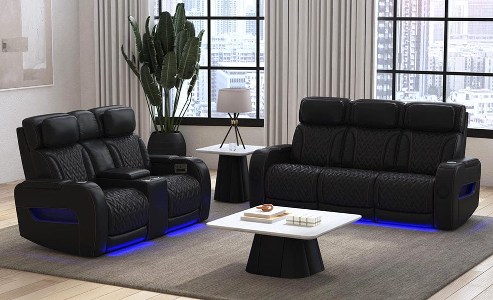 Picket House Furnishings -  Ascend P3 Loveseat with LED, wireless charger pocket and Console in Jett Black with Red Stitching - U-16330-10450-285PPPR view 6