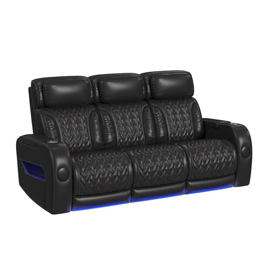 Picket House Furnishings -  Ascend P3 Sofa with I Table, reading light, heat, massage, LED and speaker in Jett Black with Red Stitching - U-16330-10450-308PPPR view 1