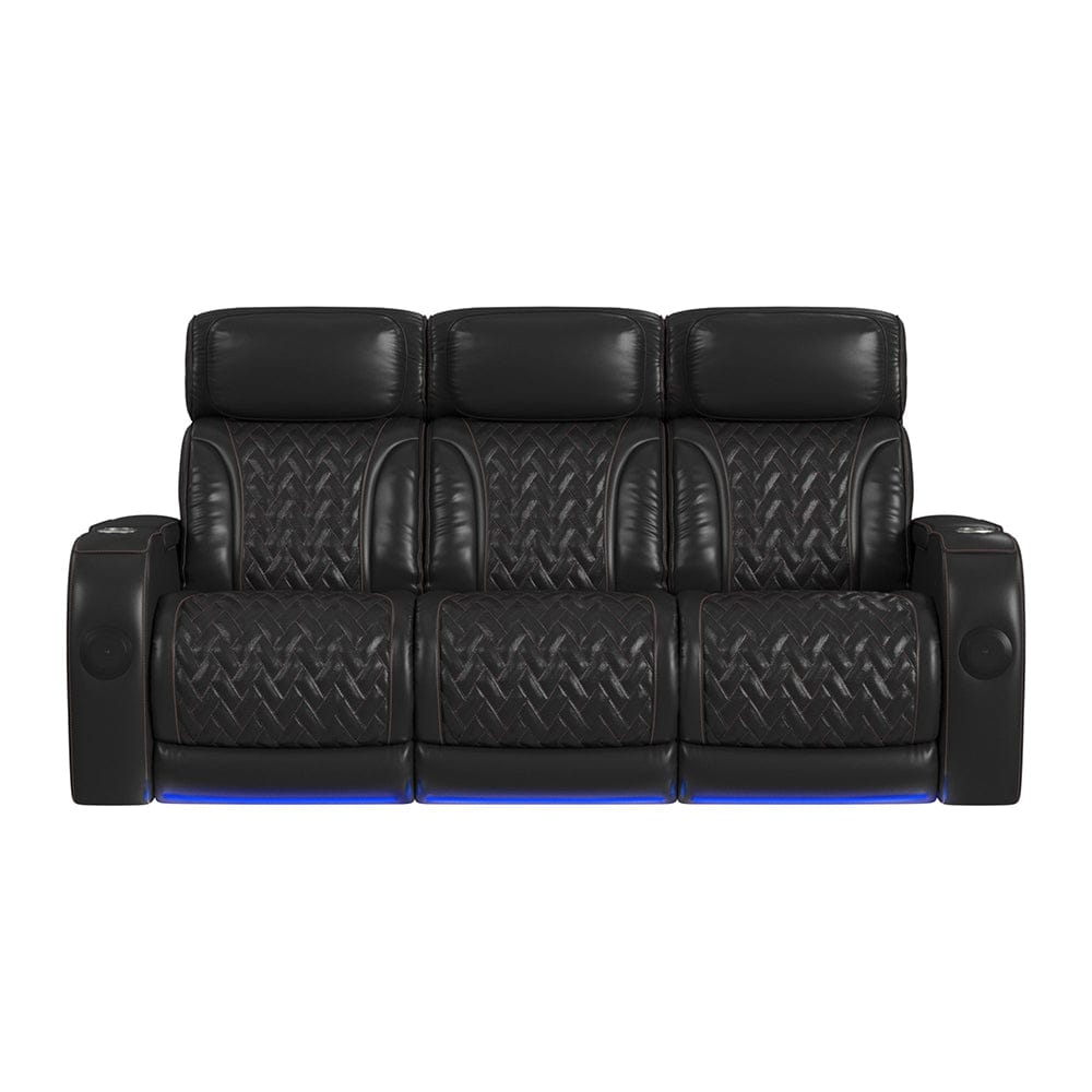 Picket House Furnishings -  Ascend P3 Sofa with I Table, reading light, heat, massage, LED and speaker in Jett Black with Red Stitching - U-16330-10450-308PPPR view 3