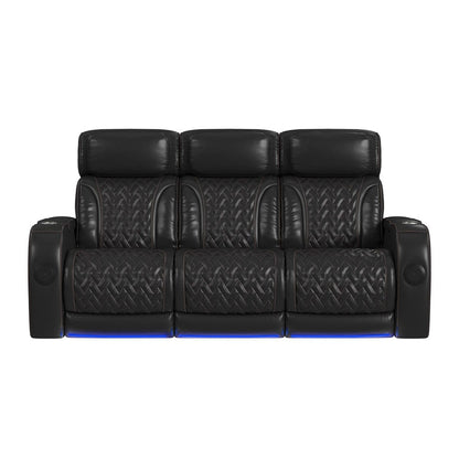 Picket House Furnishings -  Ascend P3 Sofa with I Table, reading light, heat, massage, LED and speaker in Jett Black with Red Stitching - U-16330-10450-308PPPR view 3