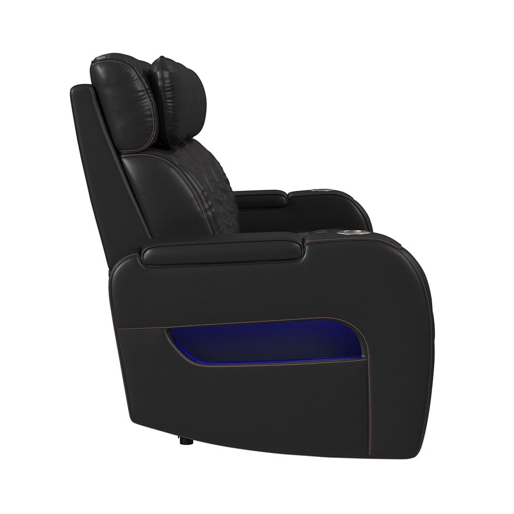 Picket House Furnishings -  Ascend P3 Sofa with I Table, reading light, heat, massage, LED and speaker in Jett Black with Red Stitching - U-16330-10450-308PPPR view 4