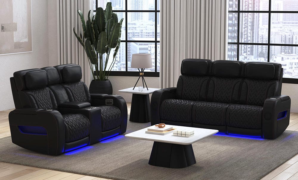 Picket House Furnishings -  Ascend P3 Sofa with I Table, reading light, heat, massage, LED and speaker in Jett Black with Red Stitching - U-16330-10450-308PPPR view 6