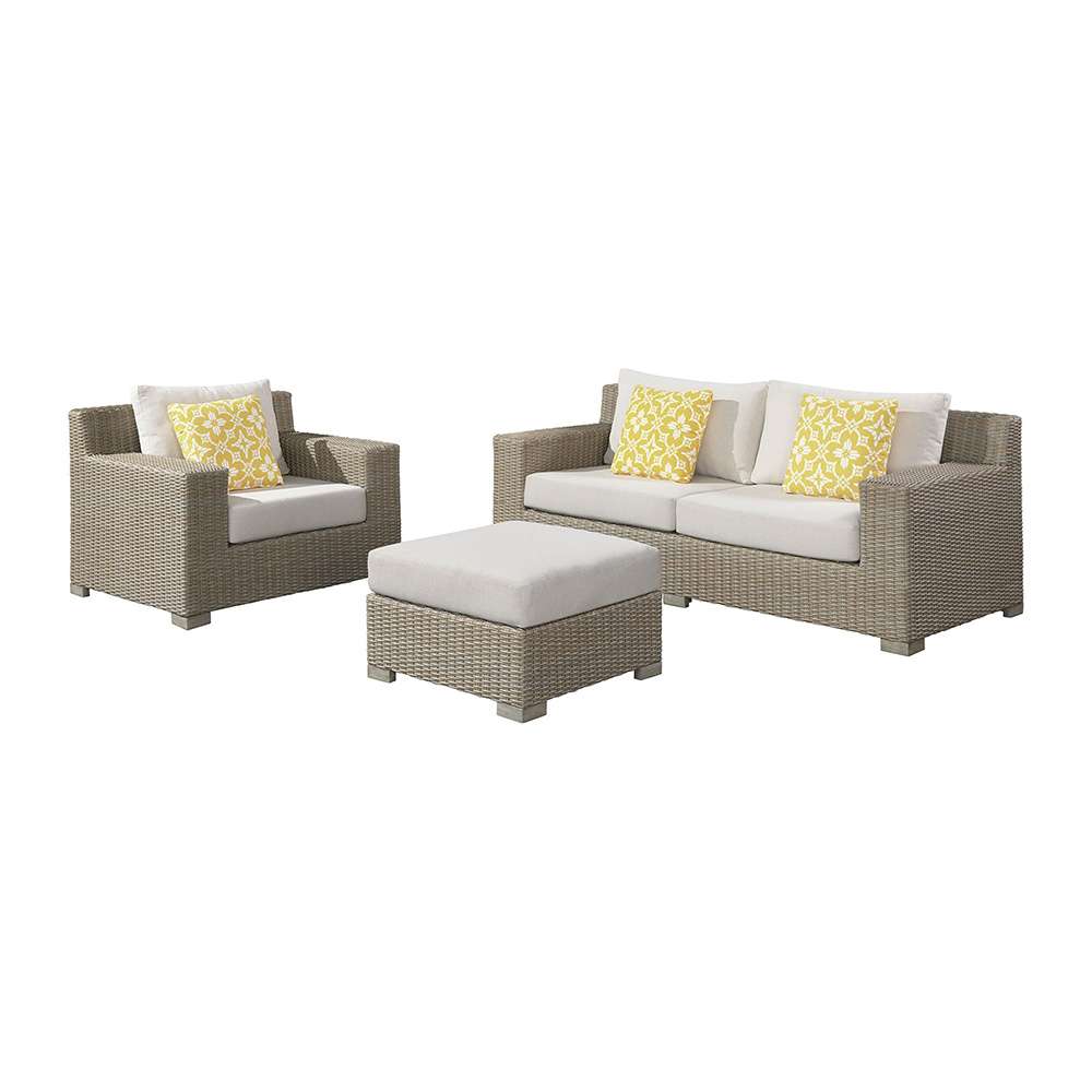 Picket House Furnishings - Camal 3PC Patio Conversation Set in Tan and Olefin White Cream-Sofa, Chair & Ottoman - O-10880-10310-PS-3PC veiw 1