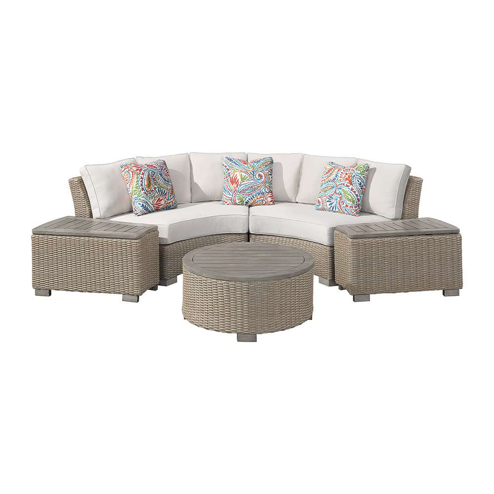 Picket House Furnishings - Camal 4PC Patio Conversation Set in Tan and Olefin White Cream-Curved Loveseat, Two Console & Round Coffee Table - O-10880-10310-LSPS-4PC veiw 1