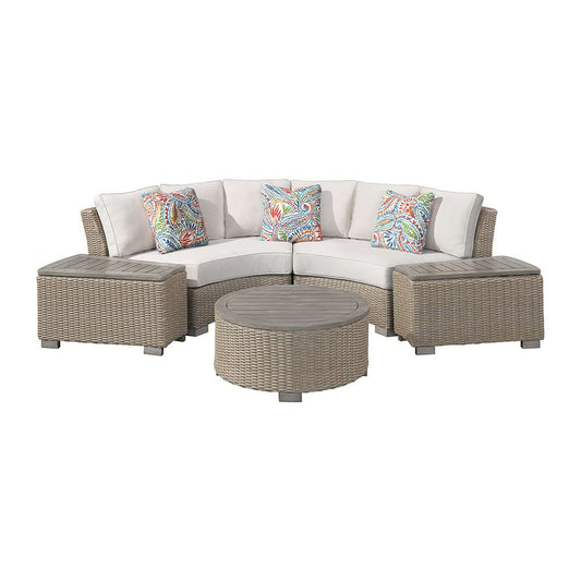 Picket House Furnishings - Camal 4PC Patio Conversation Set in Tan and Olefin White Cream-Curved Loveseat, Two Console & Round Coffee Table - O-10880-10310-LSPS-4PC veiw 1