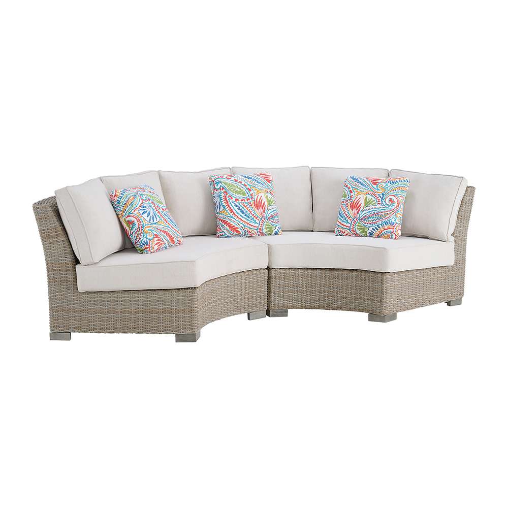 Picket House Furnishings - Camal Curved Loveseat - Tan and Olefin White Cream with 3 Multi Color Pillows - O-10880-10310-291 veiw 1