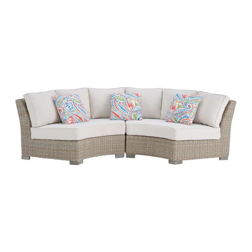 Picket House Furnishings - Camal Curved Loveseat - Tan and Olefin White Cream with 3 Multi Color Pillows - O-10880-10310-291 veiw 2
