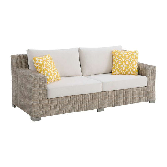 Picket House Furnishings - Camal Sofa - Tan and Olefin White Cream with 2 Yellow Pillows - O-10880-10310-300 veiw 1