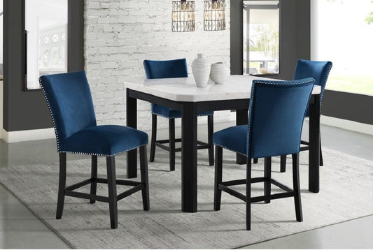 Picket House Furnishings - Celine White Marble 5PC Counter Height Dining Set-Table & Four Blue Velvet Chairs - CFC700CBL5PC veiw 1