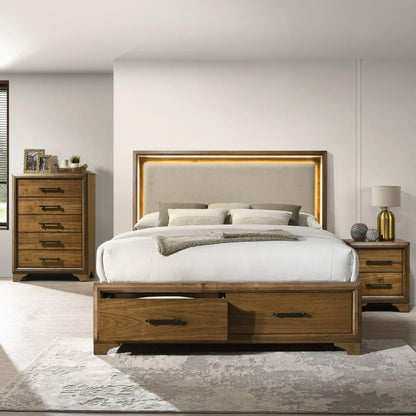 Picket House Furnishings - Cynthia King UPH Storage 3PC Bedroom Set with LED and Beige Fabric in Walnut - B-7030-5-KUSB-3PC veiw 1