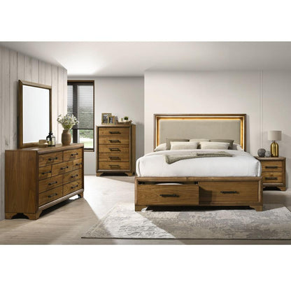 Picket House Furnishings - Cynthia King UPH Storage 5PC Bedroom Set with LED and Beige Fabric in Walnut - B-7030-5-KUSB-5PC veiw 1