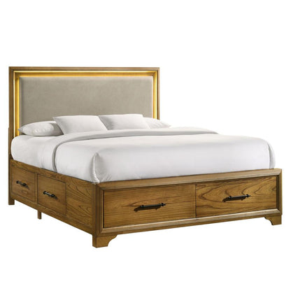 Picket House Furnishings - Cynthia King UPH Storage Bed with LED and Beige Fabric in Walnut - B-7030-5-KUSB veiw 1