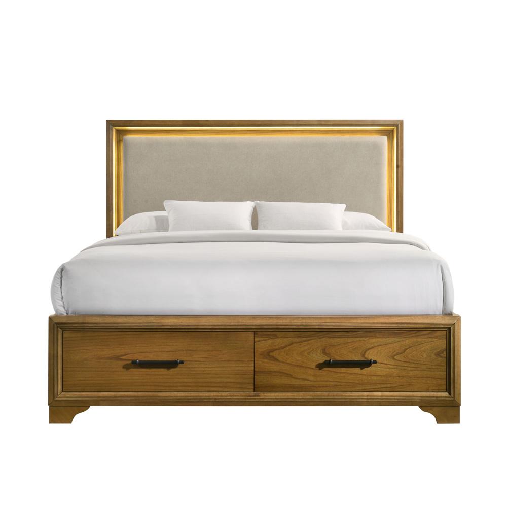 Picket House Furnishings - Cynthia King UPH Storage Bed with LED and Beige Fabric in Walnut - B-7030-5-KUSB veiw 2
