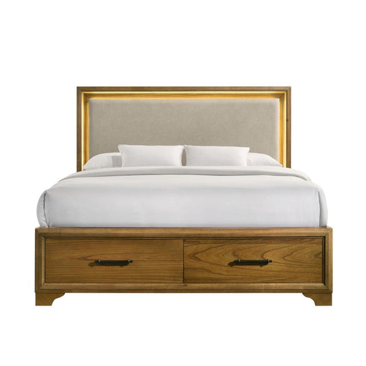 Picket House Furnishings - Cynthia King UPH Storage Bed with LED and Beige Fabric in Walnut - B-7030-5-KUSB veiw 2
