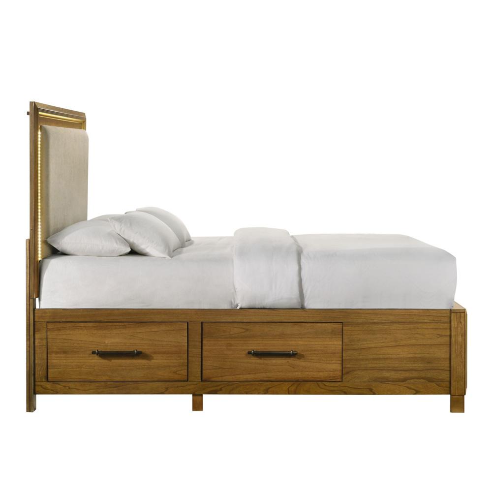 Picket House Furnishings - Cynthia King UPH Storage Bed with LED and Beige Fabric in Walnut - B-7030-5-KUSB veiw 3