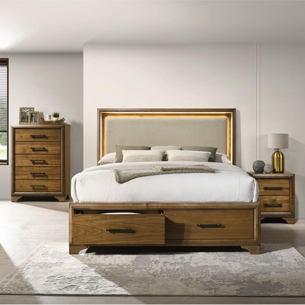 Picket House Furnishings - Cynthia Queen UPH Storage 3PC Bedroom Set with LED and Beige Fabric in Walnut - B-7030-5-QUSB-3PC veiw 1