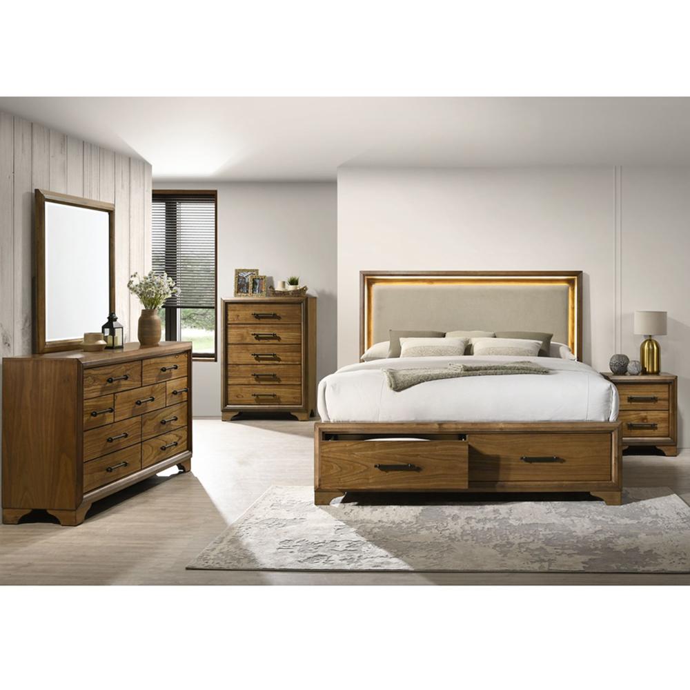 Picket House Furnishings - Cynthia Queen UPH Storage 5PC Bedroom Set with LED and Beige Fabric in Walnut - B-7030-5-QUSB-5PC veiw 1