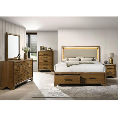 Picket House Furnishings - Cynthia Queen UPH Storage 5PC Bedroom Set with LED and Beige Fabric in Walnut - B-7030-5-QUSB-5PC veiw 1