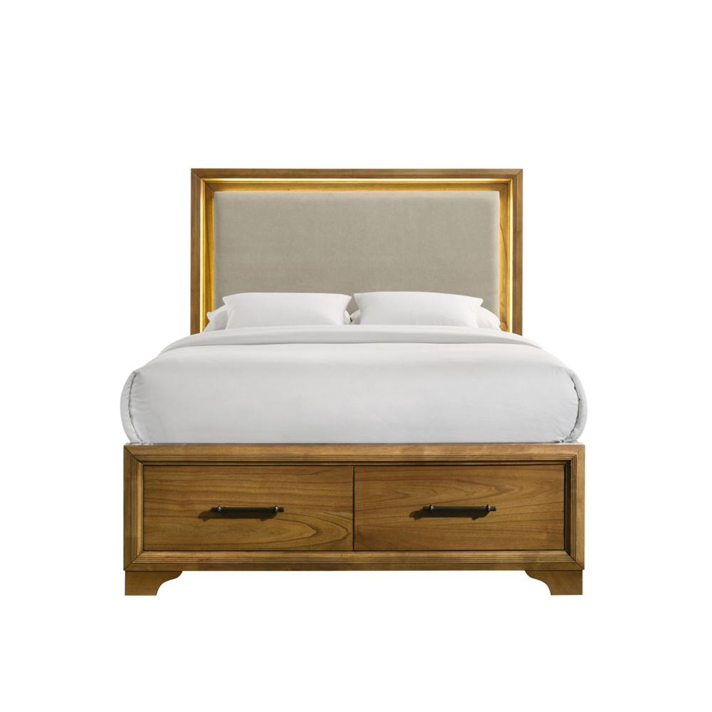 Picket House Furnishings - Cynthia Queen UPH Storage Bed with LED and Beige Fabric in Walnut - B-7030-5-QUSB veiw 1