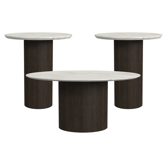 Picket House Furnishings - Sutton 3PC Occasional Table Set with White Faux Marble Top and Base in Dark Brown-Coffee Table & Two End Table - T-16000-5-3PC