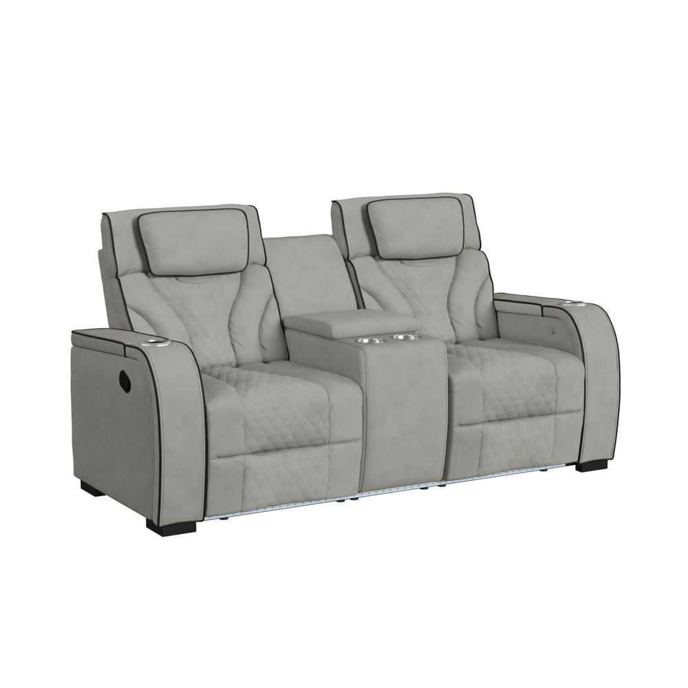 Picket House Furnishings - Tundra Motion Loveseat with Console, and LED in Simba Taupe and Black Welt - U-19190-11107-285 view 1