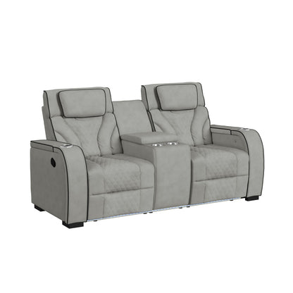 Picket House Furnishings - Tundra Motion Loveseat with Console, and LED in Simba Taupe and Black Welt - U-19190-11107-285 view 1