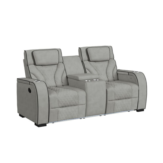 Picket House Furnishings - Tundra Motion Loveseat with Console, and LED in Simba Taupe and Black Welt - U-19190-11107-285 view 1