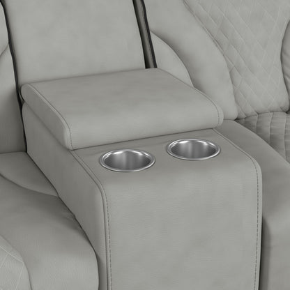 Picket House Furnishings - Tundra Motion Loveseat with Console, and LED in Simba Taupe and Black Welt - U-19190-11107-285 view 7