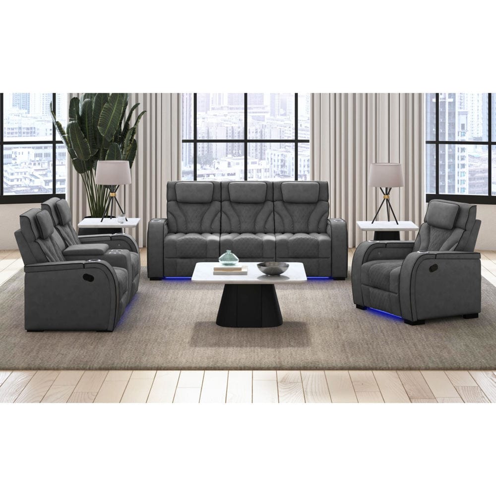 Picket House Furnishings -  Tundra Motion Sofa with DDT, Reading Light, Wireless Charger and LED in Simba Slate and Black Welt - U-19190-11108-305 view 4