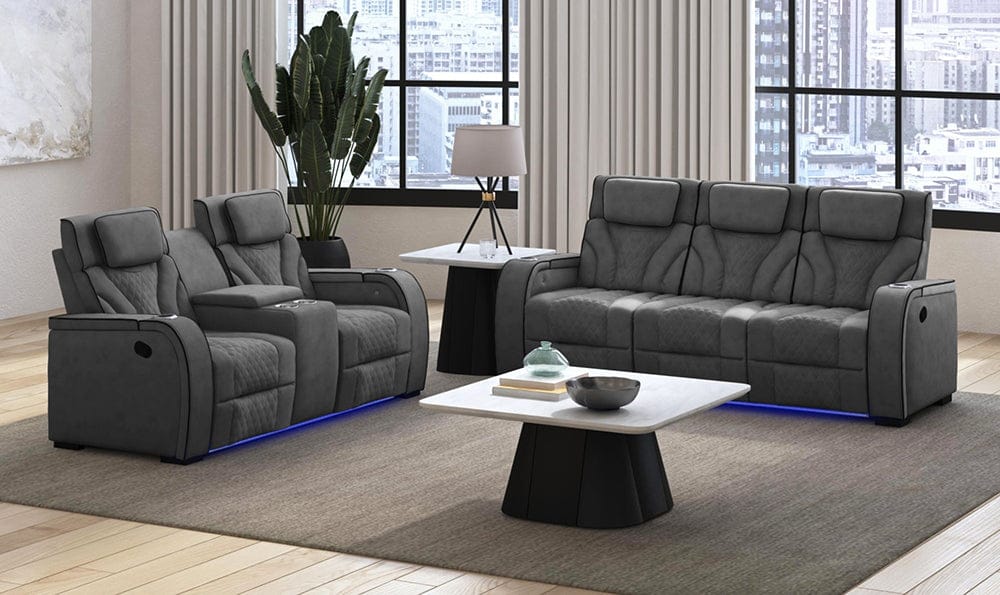 Picket House Furnishings -  Tundra Motion Sofa with DDT, Reading Light, Wireless Charger and LED in Simba Slate and Black Welt - U-19190-11108-305 view 5