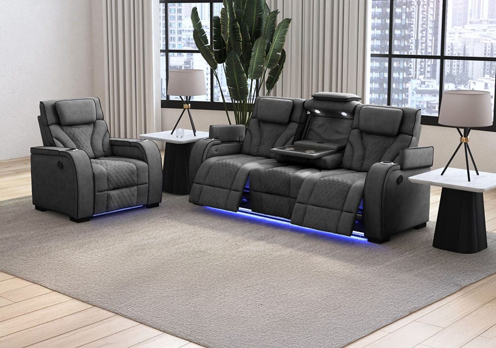 Picket House Furnishings -  Tundra Motion Sofa with DDT, Reading Light, Wireless Charger and LED in Simba Slate and Black Welt - U-19190-11108-305 view 6