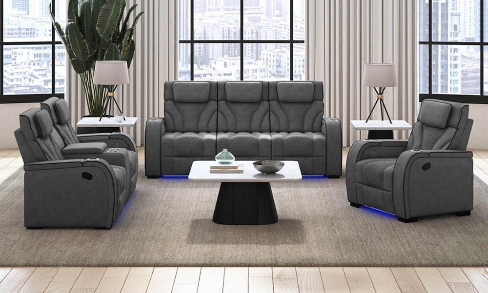 Picket House Furnishings -  Tundra Motion Sofa with DDT, Reading Light, Wireless Charger and LED in Simba Slate and Black Welt - U-19190-11108-305 view 7