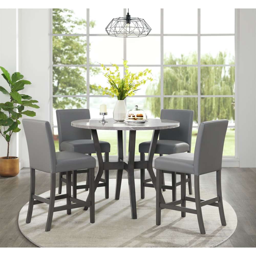 Picket House Furnishings - Vania 5PC Round Counter Set With Faux Marble Top in Brushed Grey - D-2950-3-5CS veiw 4