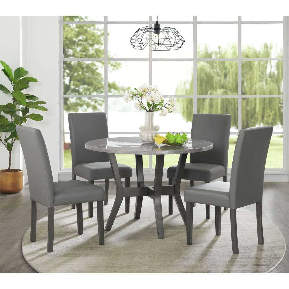 Picket House Furnishings - Vania 5PC Round Dining Set With Faux Marble Top in Brushed Grey - D-2950-3-5DS veiw 4