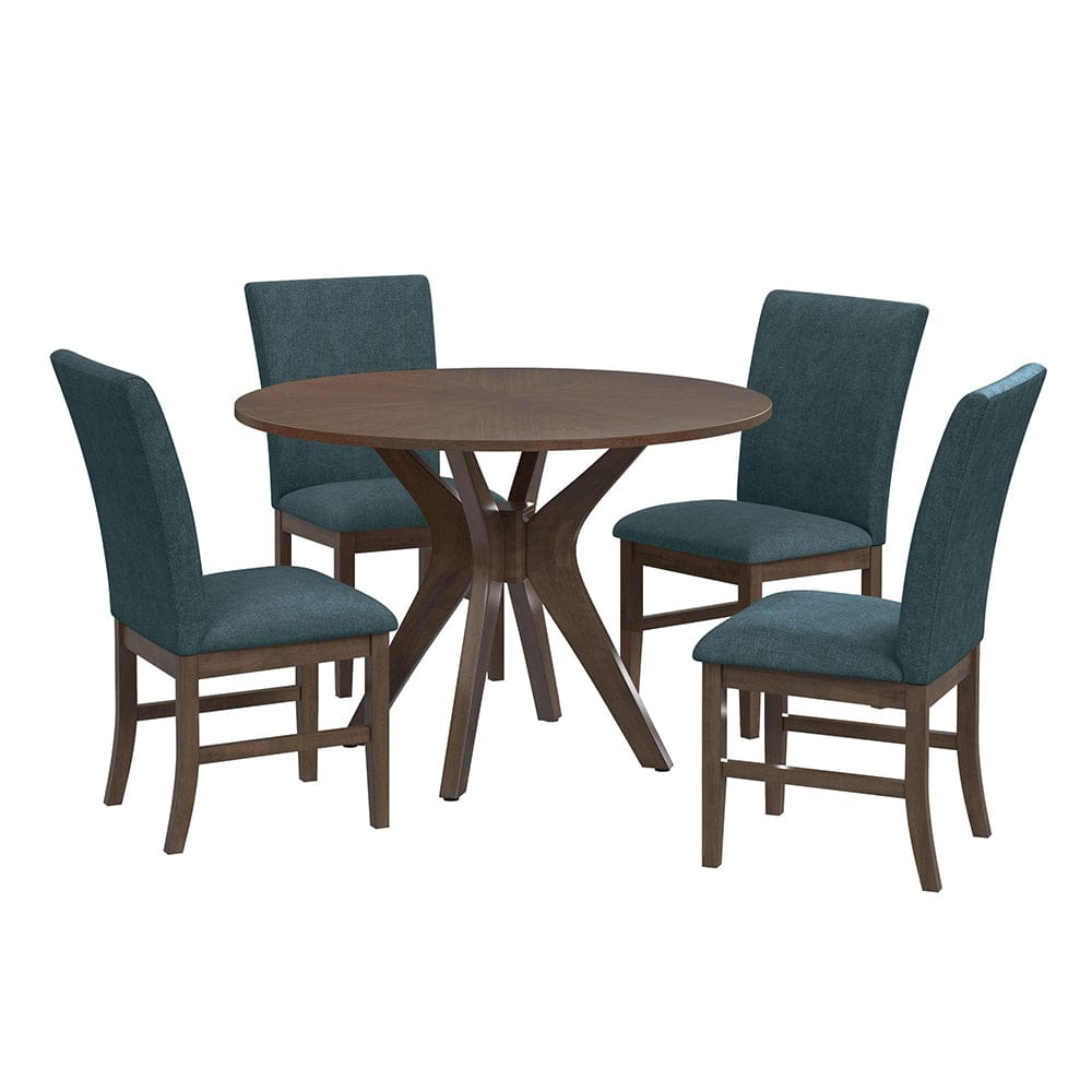 Picket House Furnishings -  Veronica 5PC Standard Height Dining Set in Walnut-Round Table and Four Denim Blue Fabric Chairs - D-16550-5-RDT-SCB-5PC view 1