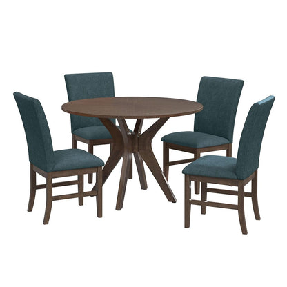 Picket House Furnishings -  Veronica 5PC Standard Height Dining Set in Walnut-Round Table and Four Denim Blue Fabric Chairs - D-16550-5-RDT-SCB-5PC view 1