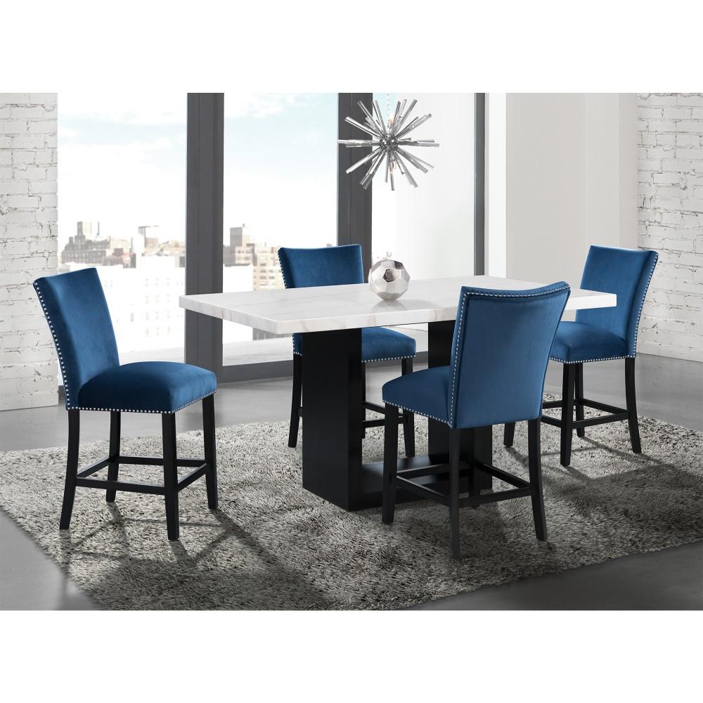 Picket House Furnishings - Willow White Marble 5PC Counter Height Dining Set-Table and Four Blue Velvet Chairs - CVL700C5PC veiw 1