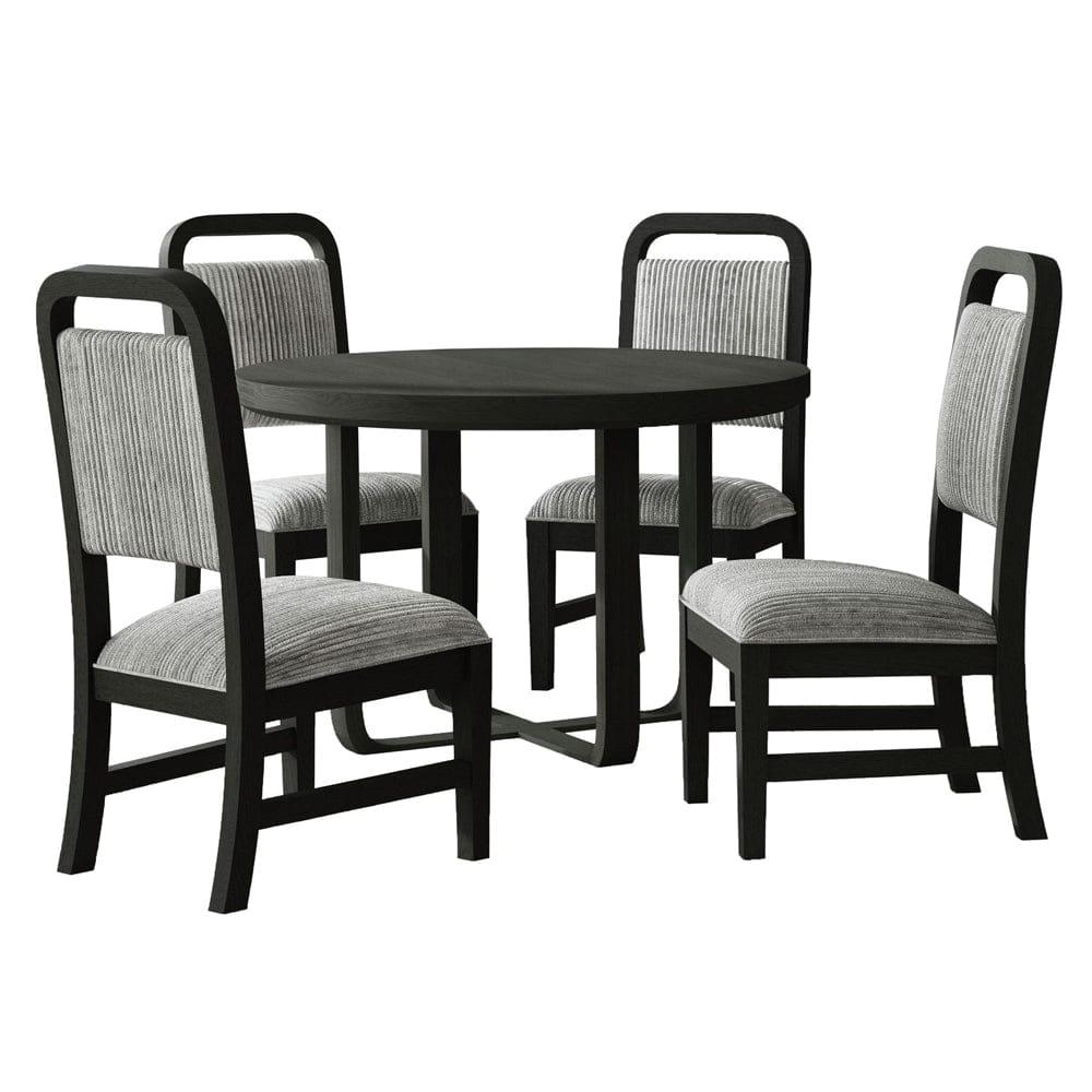 Picket House Furnishings - Woodridge  5PC Standard Height Dining Set in Black with Grain-Round Table and Four Grey Fabric Chairs - D-14440-8W-RDT-5PC